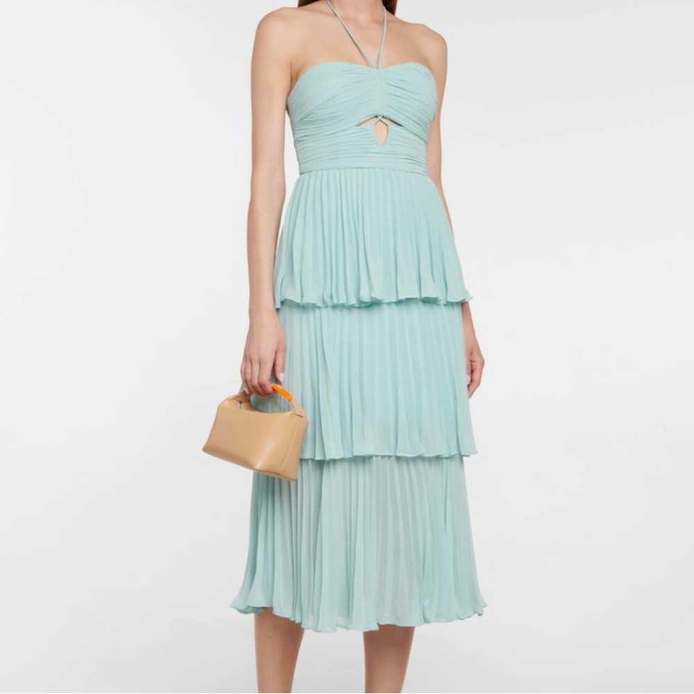 NWOT Self-Portrait Pleated Chiffon Cut Out Midi Dress Light Blue Tiered Halter